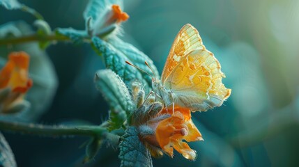 A vivid orange butterfly perches on a flower, with a soft blue backdrop highlighting delicate textures.