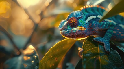 A colorful chameleon sits on a branch, surrounded by lush leaves with dewdrops in a natural setting.