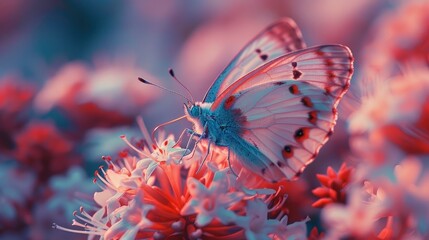 Close-up of a butterfly with detailed wings sitting on bright flowers, with a dreamy red and blue bokeh effect.