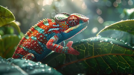 A colorful chameleon positioned on a green leaf in a rich, vibrant forest setting. - obrazy, fototapety, plakaty
