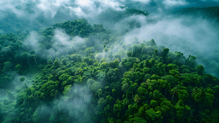 The photo shows a tropical green forest and nature from above with clouds, from a bird's eye view.