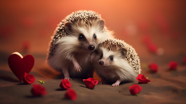 Adorable pair of hedgehogs looking into camera One animal holding a red heart cut of wood Purple backdrop
