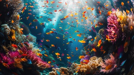 A colorful coral reef teeming with diverse fish species. - obrazy, fototapety, plakaty