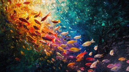 A colorful abstract image of fish swimming with a textured, raindrop effect.