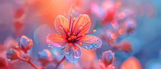 Fotobehang Macro photography in 8K of a delicate flower blooming amidst a vibrant abstract landscape a celebration of nature and art © DJSPIDA FOTO
