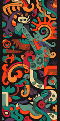 Fototapeta premium Colorful pattern with multi-colored design on black background. In a style with Central American influences irregular shape Carved lines, ordinary materials, mysterious characters.