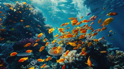 Foto auf Acrylglas A bustling coral reef teeming with vivid tropical fish and diverse marine flora. © EyerusalemYonas
