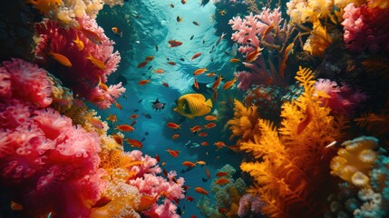 A bustling underwater scene with colorful coral and diverse fish species amidst clear blue water.