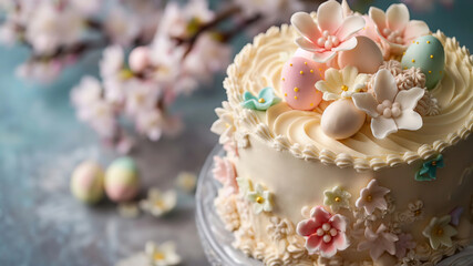 Close up of a beautifully easter cake adorned with icing flowers and pastel Easter eggs.