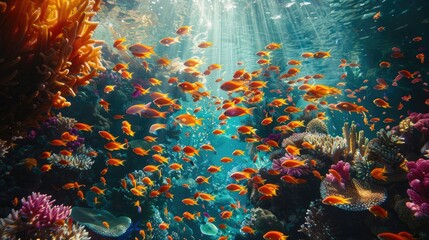 A colorful underwater scene with schools of fish and coral reefs bathed in sunlight.