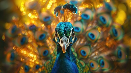 A close-up of a peacock with a stunning display of colorful and intricate feathers.