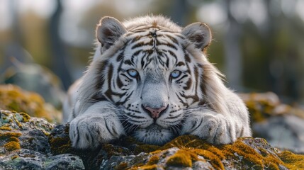 A majestic white tiger lays with a serene gaze atop a moss-covered rock, embodying the tranquility of its natural surroundings.