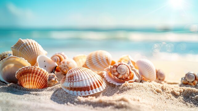 Vacation summer holiday travel tropical ocean sea panorama landscape - Close up of many seashells, sea shell on the sandy beach, with ocean in the background Mental Health Practice.