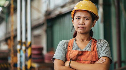 A female factory worker stands outside an industrial warehouse, clad in her blue-collar uniform and hardhat.