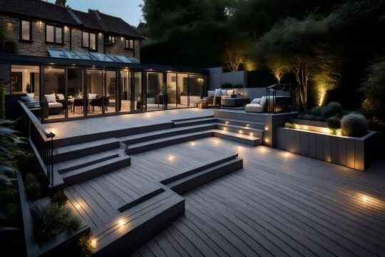 Fototapeta Composite decking in ash grey with two levels deck lights and ideal for a landscape gardener 