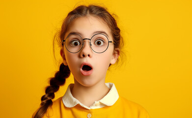 Surprised Schoolgirl in Glasses - obrazy, fototapety, plakaty
