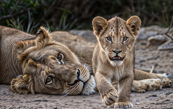 A Painting of a Curious Cub: A Mother's Watchful Gaze Follows Her Playful Offspring on a Daring Discovery.