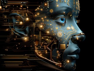 Fototapeta premium Abstract futuristic technology background concept - Shiny glowing circuit board with futuristic technology elements in a black gold color scheme create a sleek abstract background image