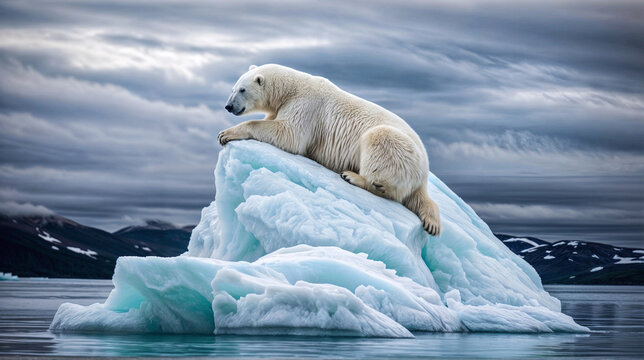 A Painting of a Solitary Sentinel: A Polar Bear Stands Watch on a Fragile Ice Floe, a Silent Guardian of the Arctic.