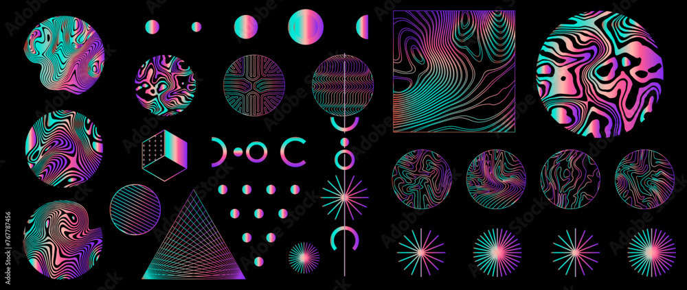 Poster set of holographic geometric elements on a dark background.