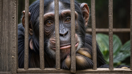 A Painting of a Captive Gaze: A Chimpanzee's Eyes Reflect Longing Through the Bars of a Cage.