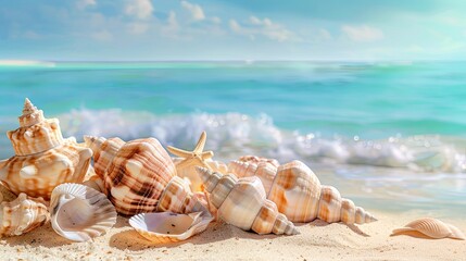 Obraz na płótnie Canvas Vacation summer holiday travel tropical ocean sea panorama landscape - Close up of many seashells, sea shell on the sandy beach, with ocean in the background Mental Health Practice.