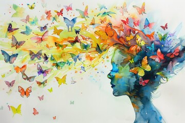 Artistic silhouette profile with butterflies - Delicate watercolor profile of a person with butterflies streaming from the mind depicts creativity