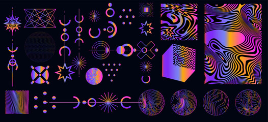 Set of holographic geometric elements on a dark background.