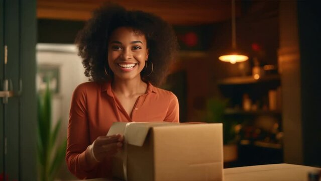 Woman opening box and being happy, woman with delivery concept