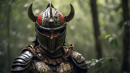 Helmet wearing warrior in forest 