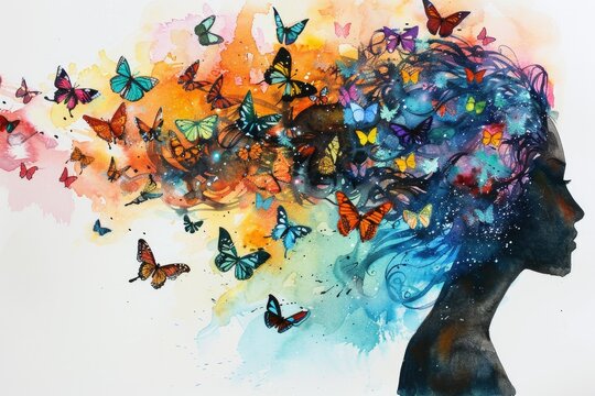Butterfly-infused silhouette in watercolor style - Colorful image of a human profile with a burst of butterflies, symbolizing transformation and beauty
