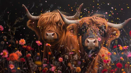 Papier Peint photo Highlander écossais scottish highland cow beautiful animal trendy with flowers and a black background