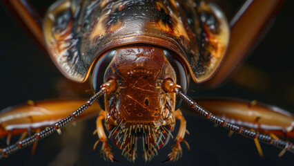 Macro shot of an exotic, detailed insect head with menacing mandibles.