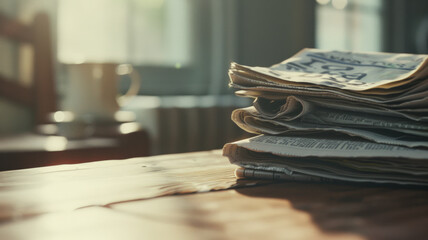 Morning light casts a soft glow on a stack of newspapers on a wooden table.