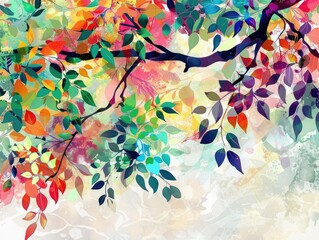 Colorful abstract foliage on white background - A vibrant artwork featuring a myriad of colorful leaves on branches against a paint-splattered background