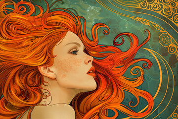 portrait of a girl with bright red hair in style of art nouveau