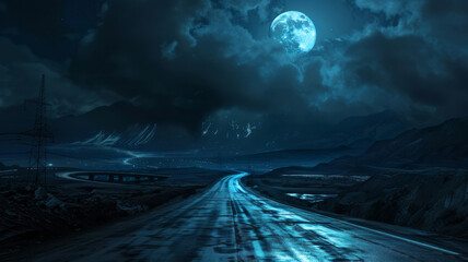 Mystical moonlit road weaving through a dramatic mountain landscape under the night sky.