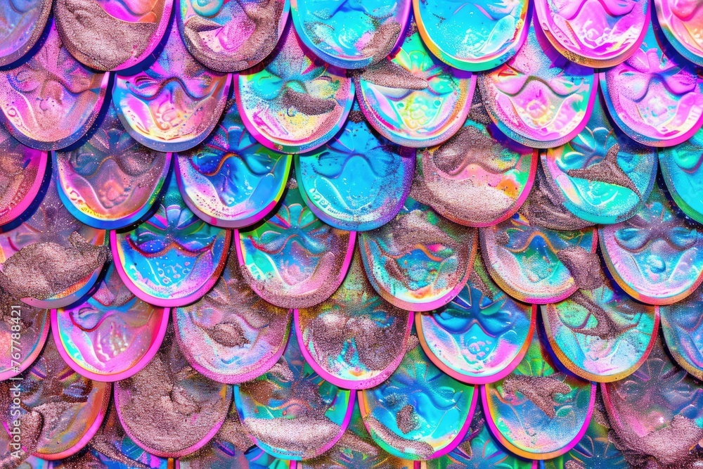 Poster colorful sequin pattern with generous copy space - a vivid pattern of colored sequins partially cove