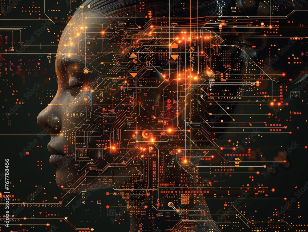 Poster complex circuit board design with warm glowing accents - a detailed image of a computer circuit boar