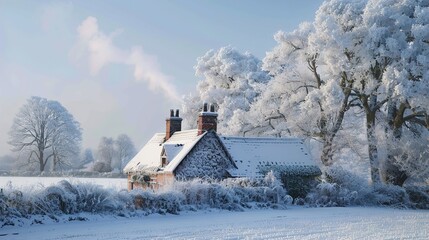 A quaint countryside cottage blanketed in snow, smoke rising from its chimney, nestled amidst frosted trees and fields, in the hush of a winter's morning.