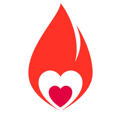 Fire flame, hot heart symbol, vector illustration.