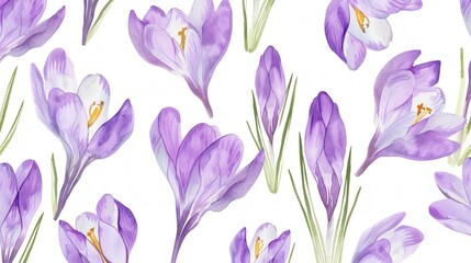 Fototapeta na wymiar Watercolor Purple Crocuses Seamless Pattern Spring