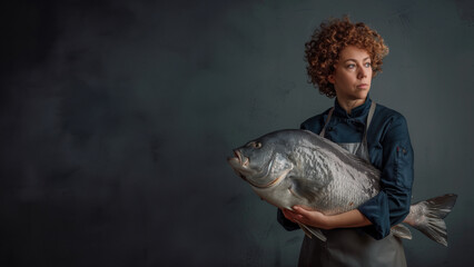 A young, curly-haired chef in blue attire is shown earnestly holding a big fish, evoking a sense of responsibility - obrazy, fototapety, plakaty