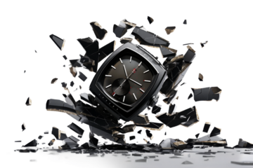Time Dissipation: A Clock Disintegrating Into the Ether. On a White or Clear Surface PNG Transparent Background.