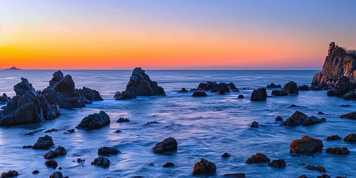 Soft sunset by the sea, rocky coast, background, wallpaper.