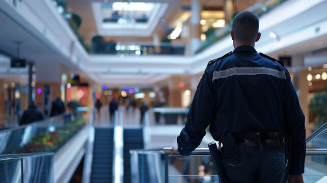 A security guard stands watch in a mall, ever vigilant in a public space.