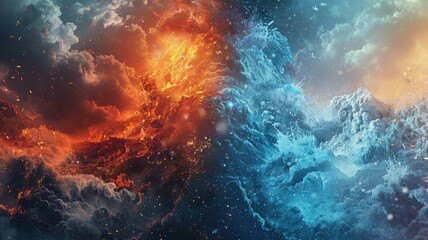 Fire and ice elemental clash in space - Elemental cosmic battle between fire and ice, showcasing a dynamic clash of hot and cold energies - obrazy, fototapety, plakaty