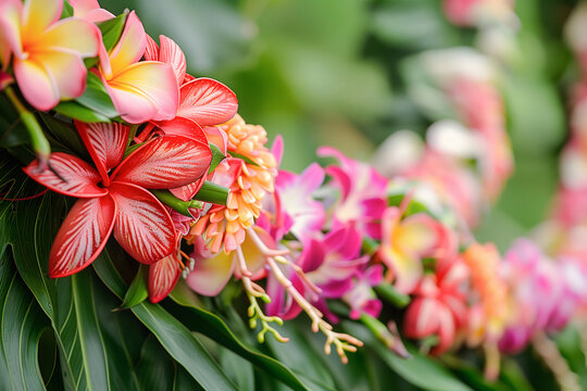 Frangipani, Jasmine, Plumeria, Foliage And Orchid Tropic Flower On Lei Day In May In Hawaii, Vivid Booming Garland Of Tropic Flowers, Blurred Bokeh Background