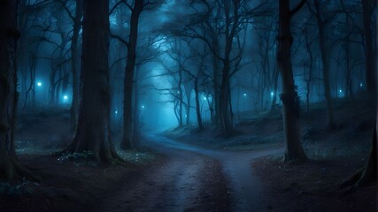 A panoramic view of the eerie, dark woodland at night, featuring a blue light path through the lovely, eerie woods. gloomy setting in the realm of fairy tales. Idea of horror, nature, fantasy, 