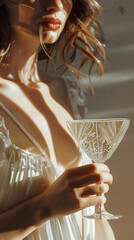 Close-up of an elegant woman in a silky dress holding an intricately designed crystal wine glass in soft lighting.

